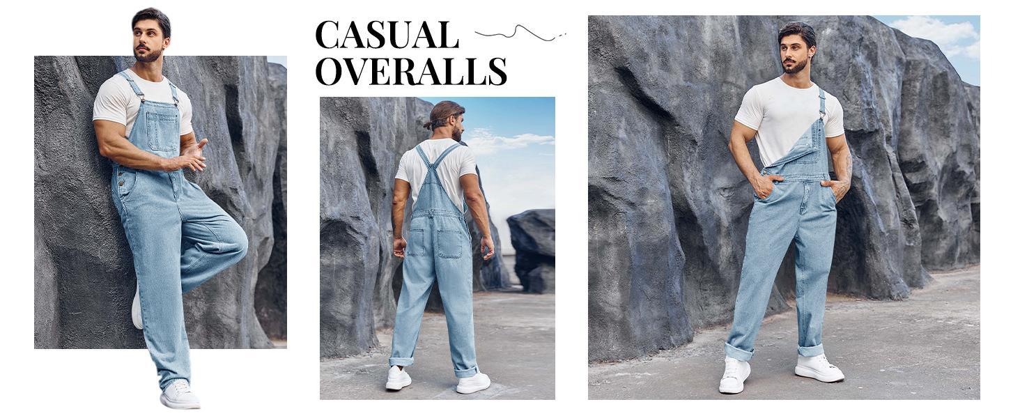 PASLTER Men's Denim Bib Overalls Jeans Fashion Boot Cut Trousers Casual Slim Fit Adjustable Straps Jumpsuit