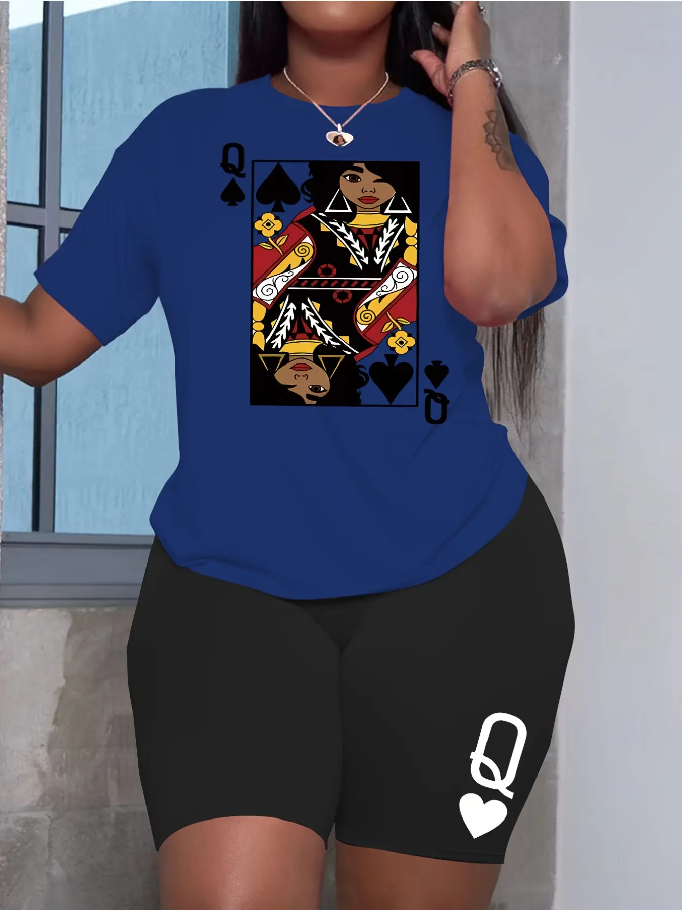 Casual Fashion Women Queen of Spades Poker Print Letter Graphic Black Short Sleeve Tee & Shorts Set Sporty Trendy Two Piece