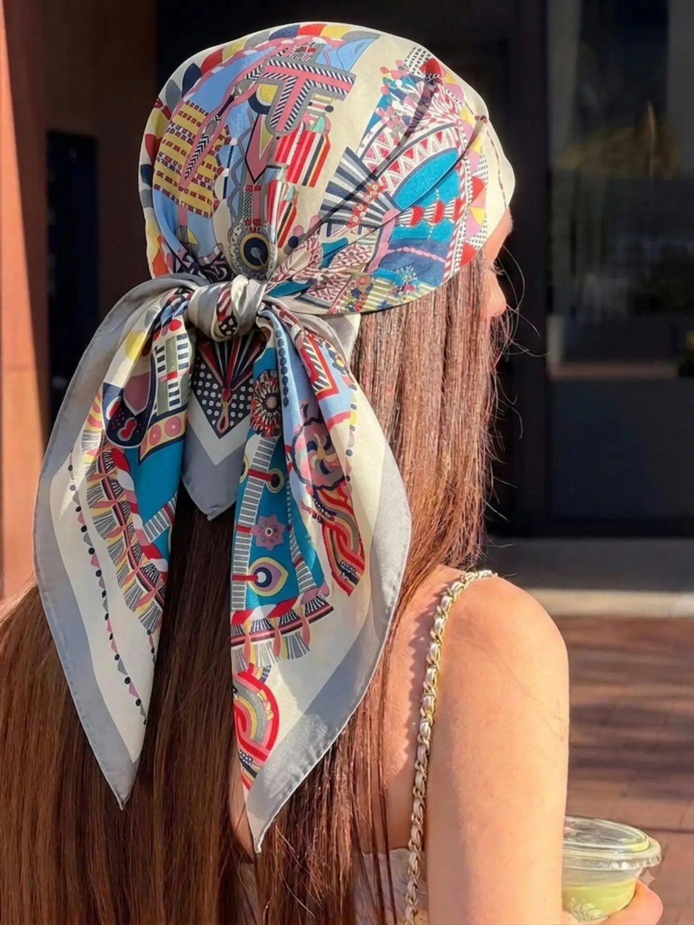 1 women's colorful geometric-print decorative scarf, 27.55-inch square scarf/headband, can be worn as a neck scarf or used as a handbag accessory; perfect for travel, everyday wear, vacations, and back-to-school season