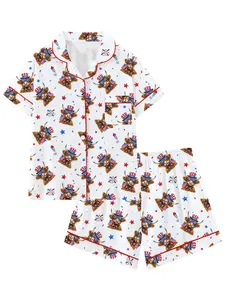 Women's Short Sleeve Pajama Set, Bull Cartoon Milk Silk Print, Casual Slim-Fitting Home Wear, Spring & Fall Clothing