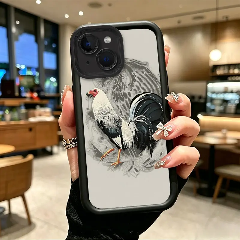 iPhone 13 Durable Protective Casing, TPU Shockproof Silicone Accessory with Button Resistance, Full-Cover Vintage Rooster Art Bold Unique Celestial Eye Layered Design boboiptyjt15840