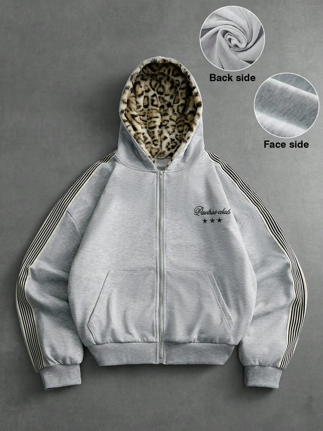 Men's Reversible Leopard Lined Side Stripe Full Zip Hoodie Jacket, Y2K Harajuku Dual Wear Streetwear Viral Trend 2026, Soft Thick Breathable Heavyweight Knit Outer Fabric, Fluffy Leopard Fleece Interior Lining, Vertical Striped Sleeve Detail, Casual