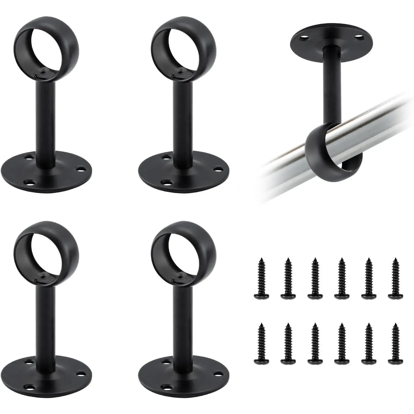 Ceiling-Mount Curtain Rod Brackets - Heavy Duty Stainless Steel Holders for 1 Inch Rods, 50 lbs Capacity (4-Pack Black)