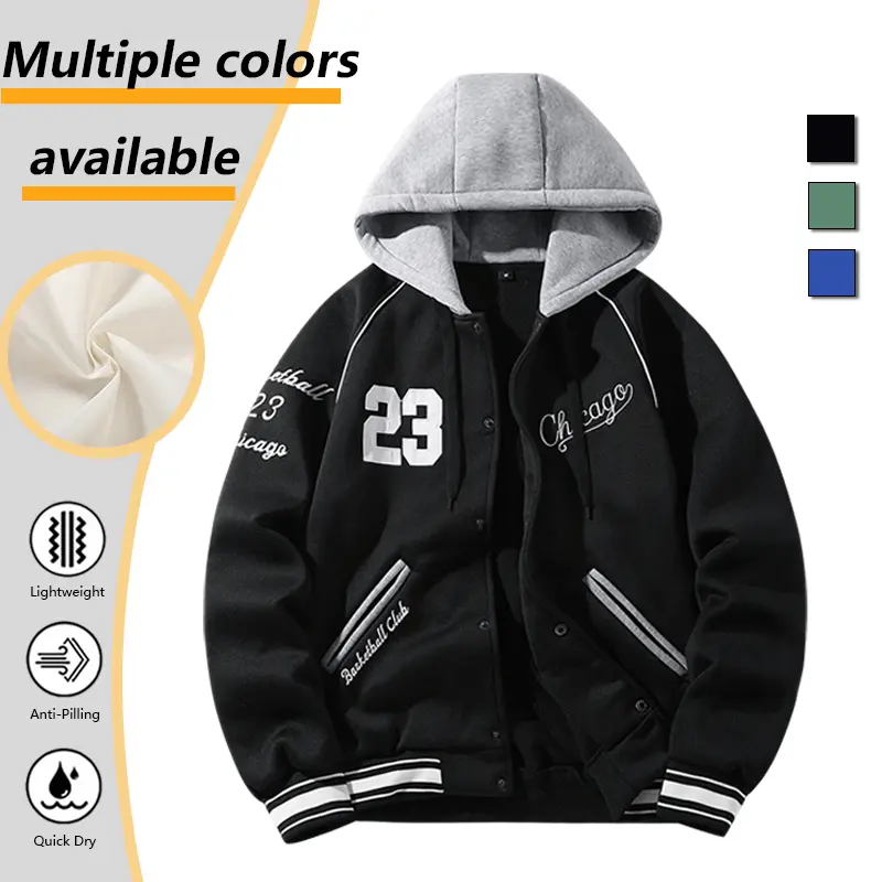 Multi Color Mens Solid Attached Gray Hood Varsity Coat, Chest 23 Number & Chicago Cursive Embroidery Soft Breathable Fabric Jacket for Teen & Adult Basketball Sports Activities