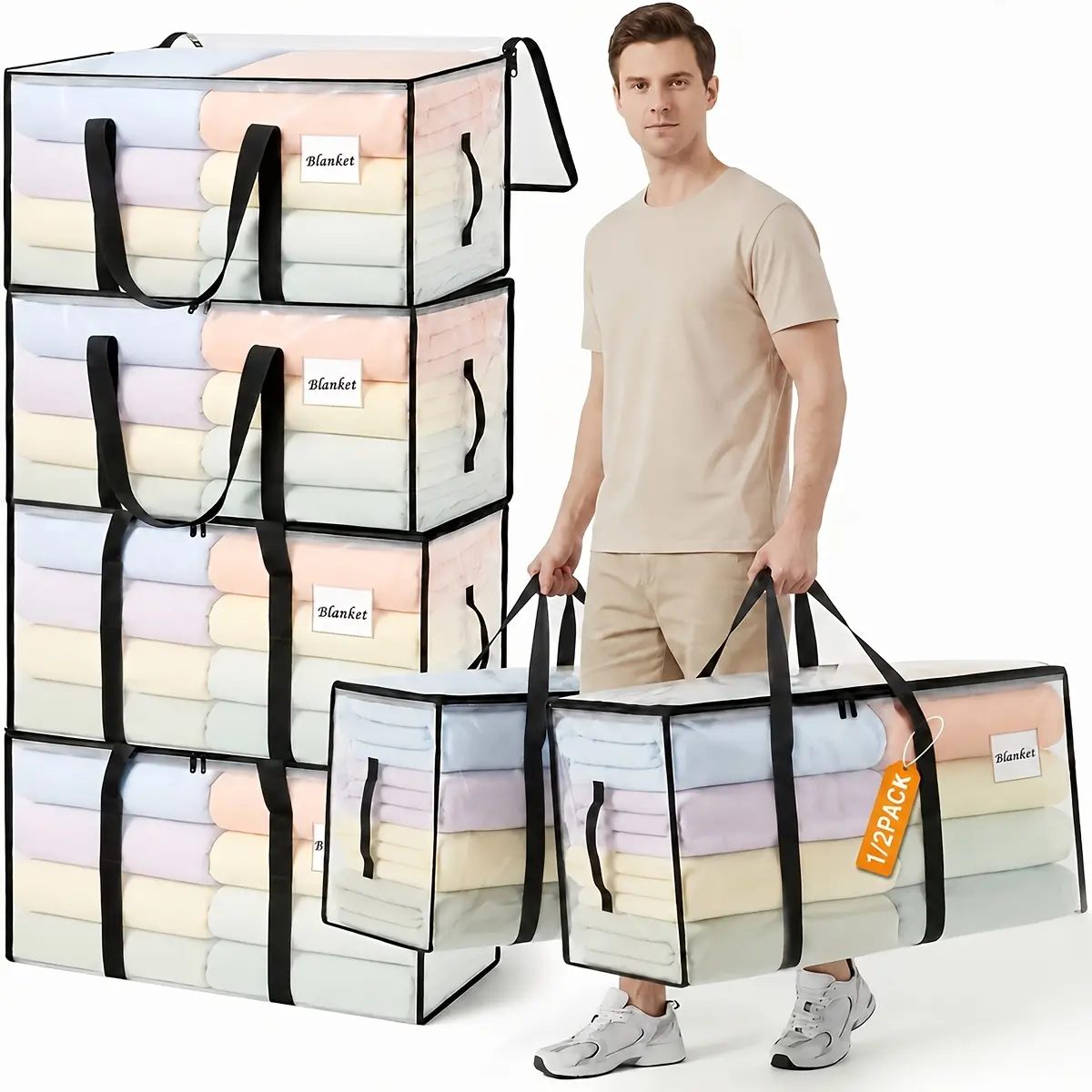 Heavy-Duty Foldable Transparent Storage Box, Zippered Moving Organizer Bag with Reinforced Handles & Label Pocket, Space-Saving Under-Bed Storage Container, Multi-Purpose Storage Supplies for House Moving, Home Organization and Travel,Chakra,s,te,portable