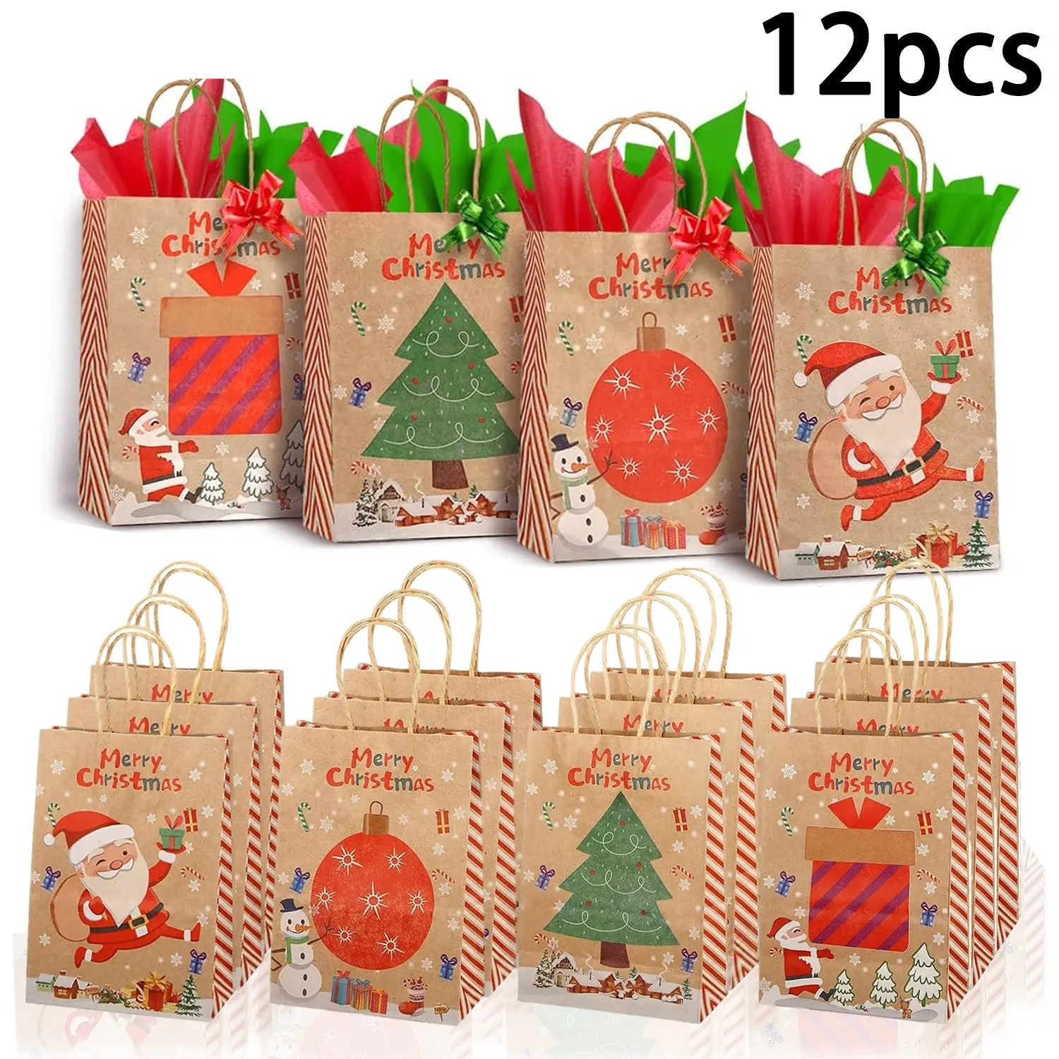 12 Pcs Christmas Gift Bags, Handheld Kraft Paper Bags, New Year Gift Bags, Durable Reinforced Handles, Holiday Packaging Set