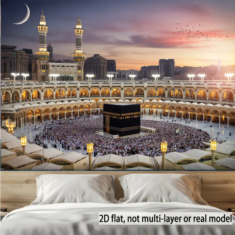 Patterned Islamic Grand Mosque Night Print Tapestry - Lightweight Polyester Home Decor Backdrop Banner, Easy Install Housewarming/Engagement Decor, Ramadan Eid Outdoors/Indoor Wall Hanging (Multi-Size)