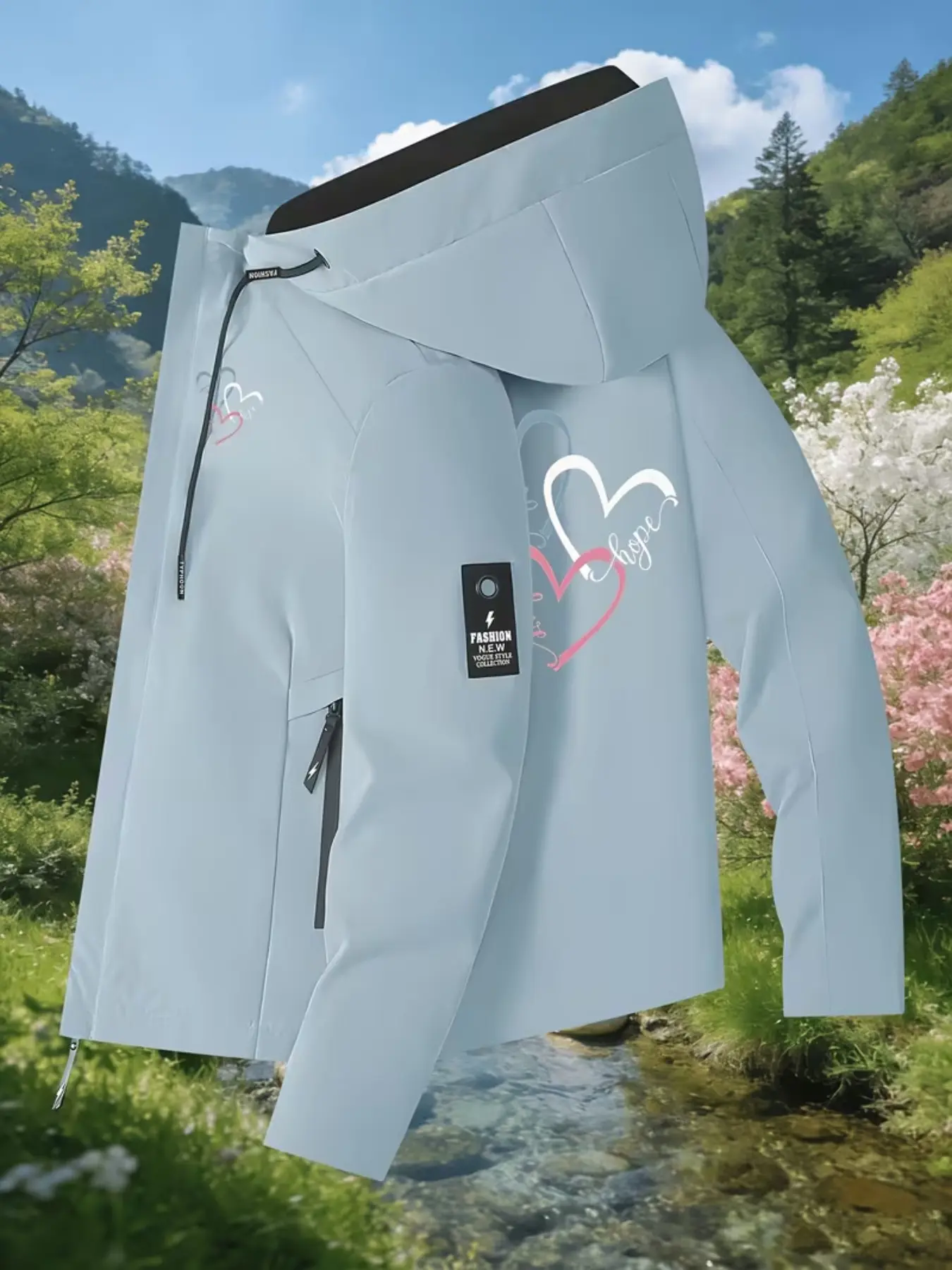Women's Sport Jacket, Soft Healing Style, Three-Color Heart Design, Faith/hope/love Letter Print, Long Sleeve Zip Pocket Hoodie, Outdoor Casual Coat, Casual Sportswear Jacket