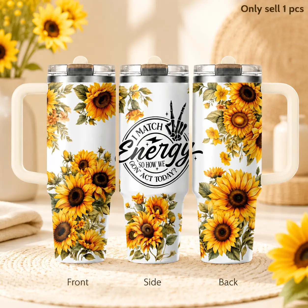 Sunflower Floral Positive Energy Vacuum Flasks Insulated Drinkware 40oz 3rd Gen Vacuum Insulated Tumbler with Handle & Straw Lid, Leak-Proof Stainless Steel Travel Mug for Water, Coffee, Gym, Office, Car Cup Holder