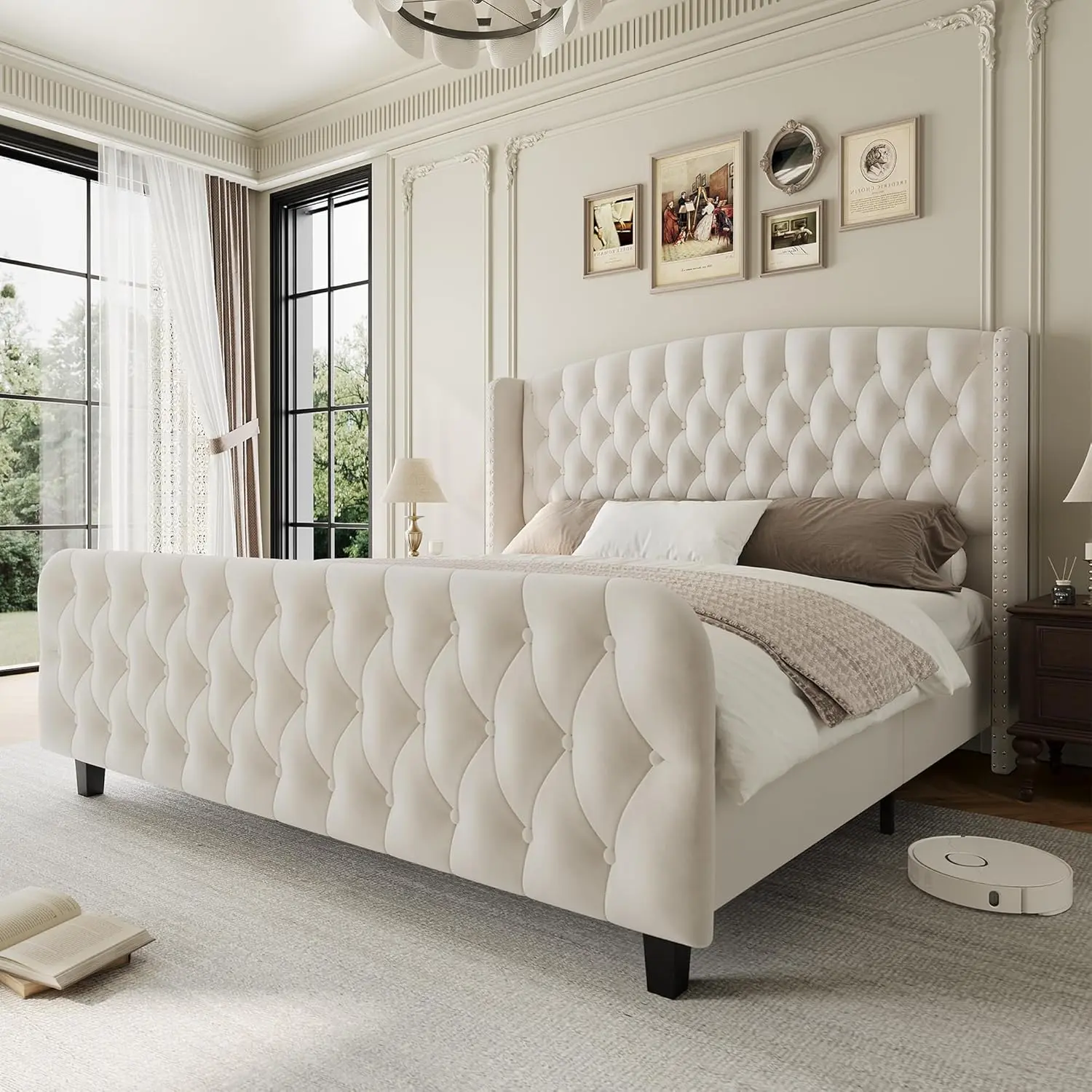 Garvee Luxury Upholstered Platform Bed Frame – 51" Tall Wingback Button Tufted Headboard & Footboard – Sturdy Wood Slats – Noise-Free – Easy Assembly – No Box Spring Needed – Queen Size – Velvet Fabric – Cream