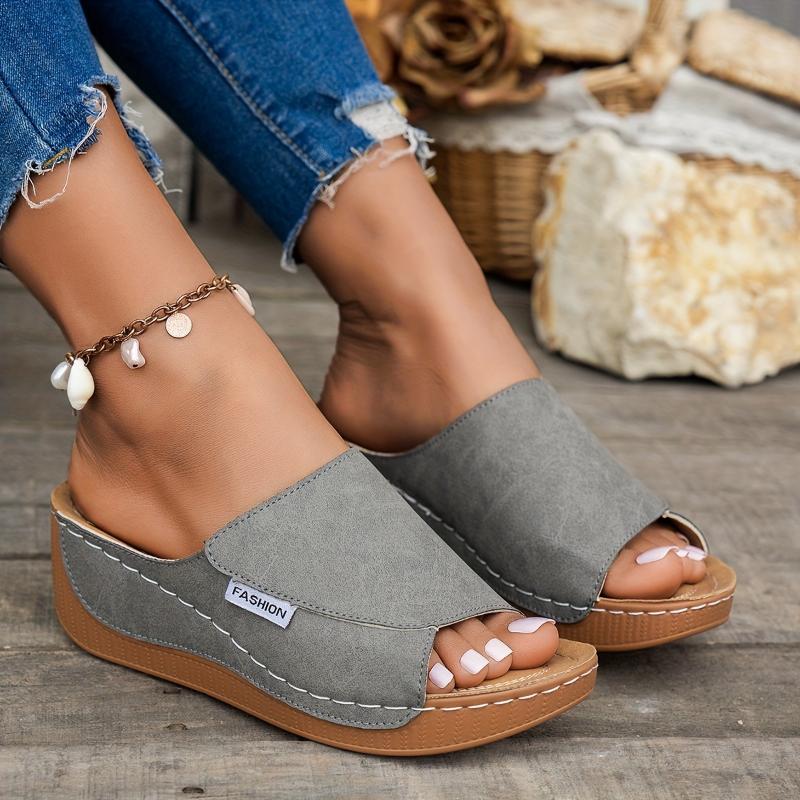 Women's Comfortable Arch Support Slide Sandals - Breathable, Stylish, Soft Sole, Mid-Heel, Open Toe With Faux Cover Straps - For Casual Attire In Maroon, Black, White, Blue, And Brown, Ladies Sandals