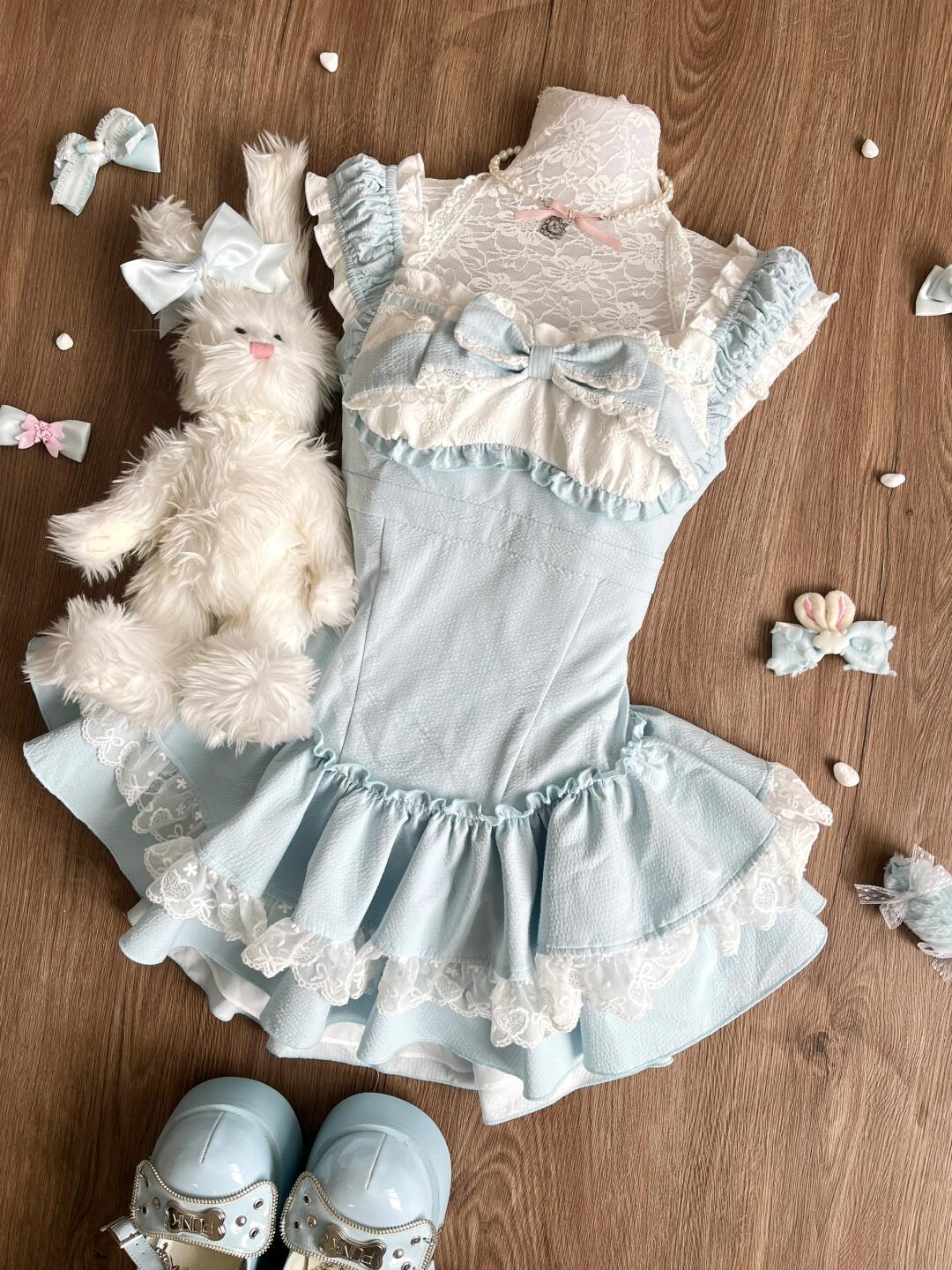 Sweet Blue Lolita Dress Women Lace Ruffle Bowknot Sleeveless Kawaii Princess Style Mini Dress Cute Cottagecore Summer Outfit New