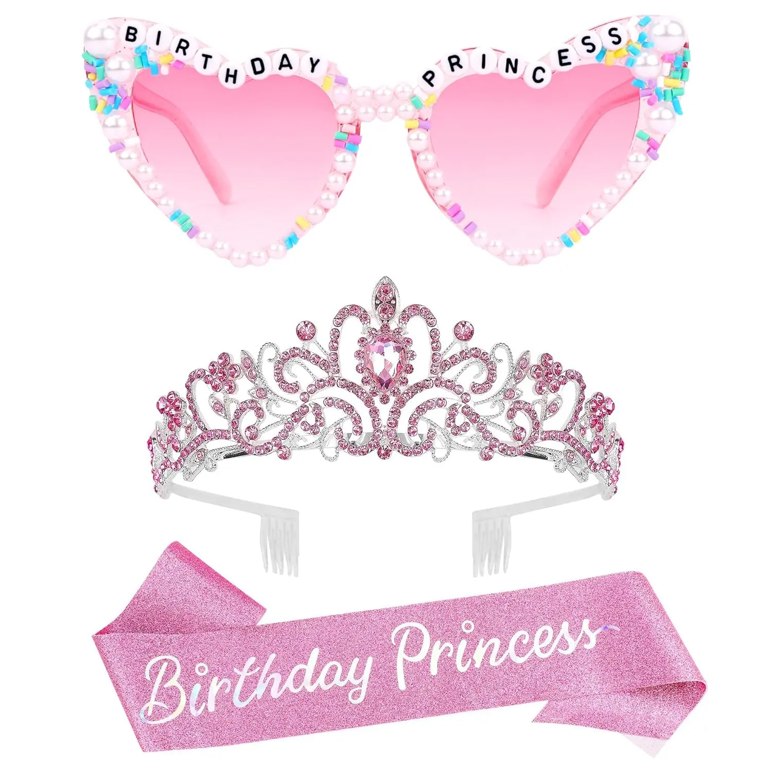 Women's & Girls' Glamorous Pink Tiara Set - 3-Piece Happy Birthday Accessory Kit with Princess Sash, Party Glasses, Princess Aesthetic