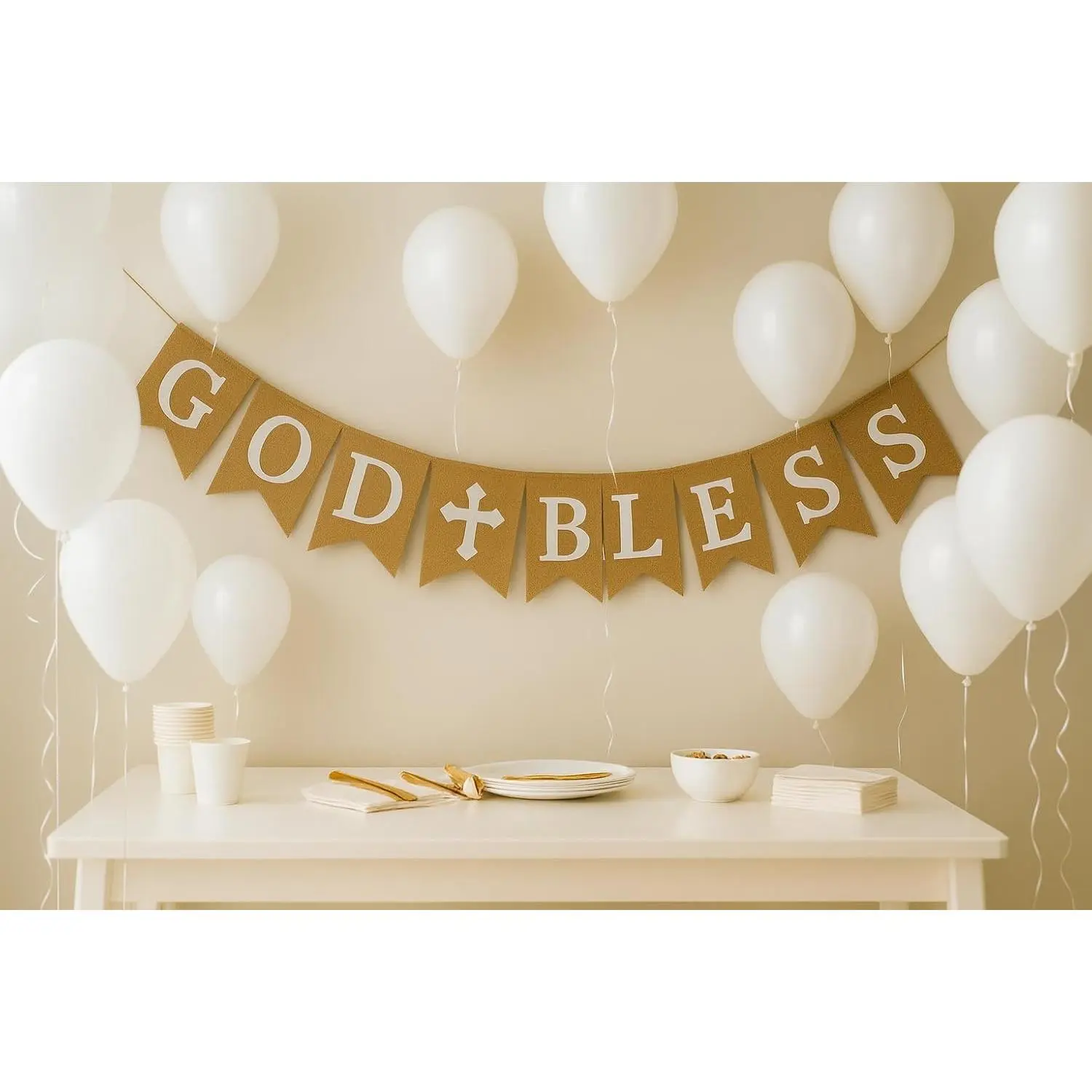 Burlap “God Bless” Banner – Rustic Christian Decoration for  Shower, Baptism, Christening & First Communion (White Print)