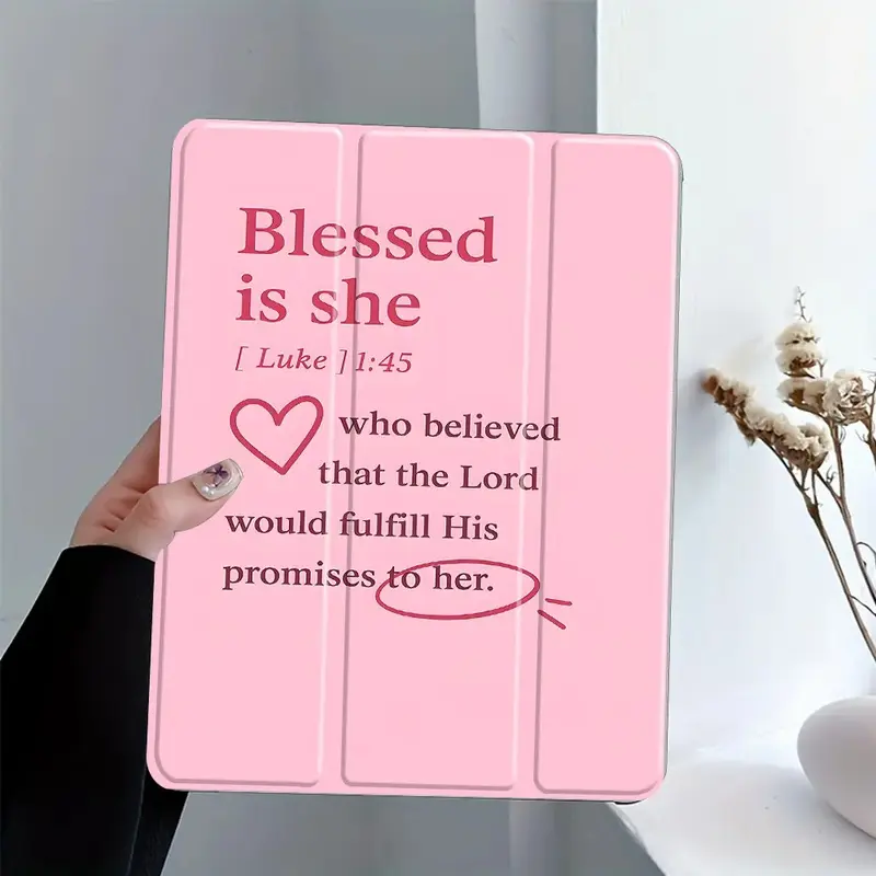 Luke 1:45 Christian Scripture Design Tablet Case - Foldable Non-Slip TPU Protective Cover with Adjustable Stand, Pencil Holder, Compatible with Samsung Tablets, iPad Mini, Air, Pro, 10th/11th Gen Tablet Accessories