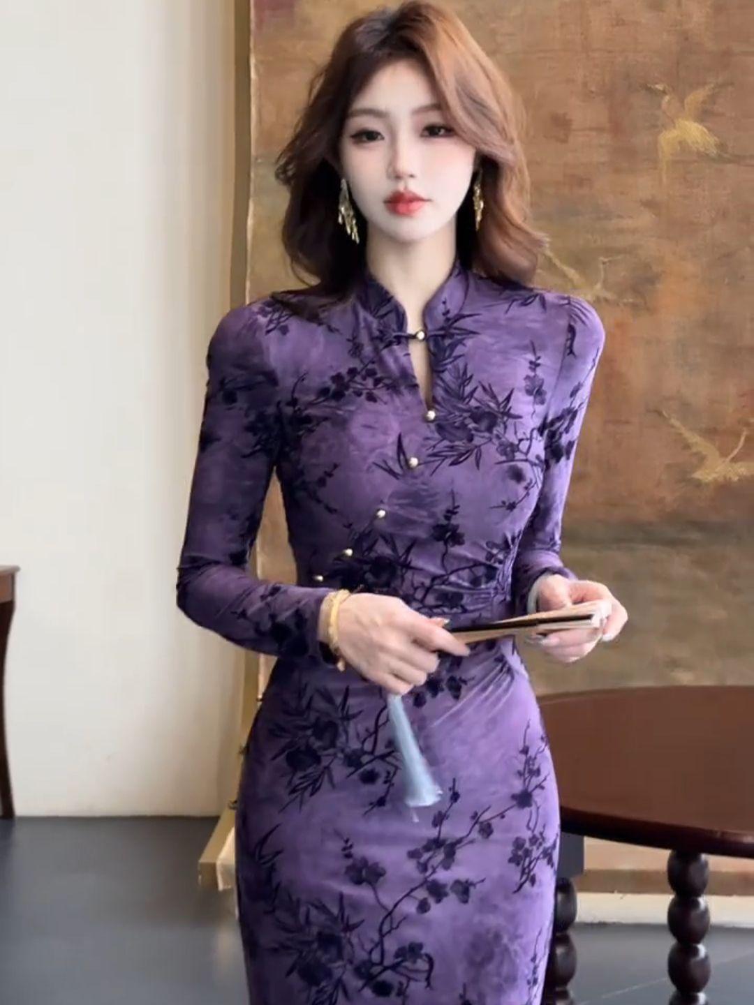 Early Autumn New Chinese Style Improved Cheongsam Light Luxury High-end Feel Various Styles Purple Printed Button Dress for Women