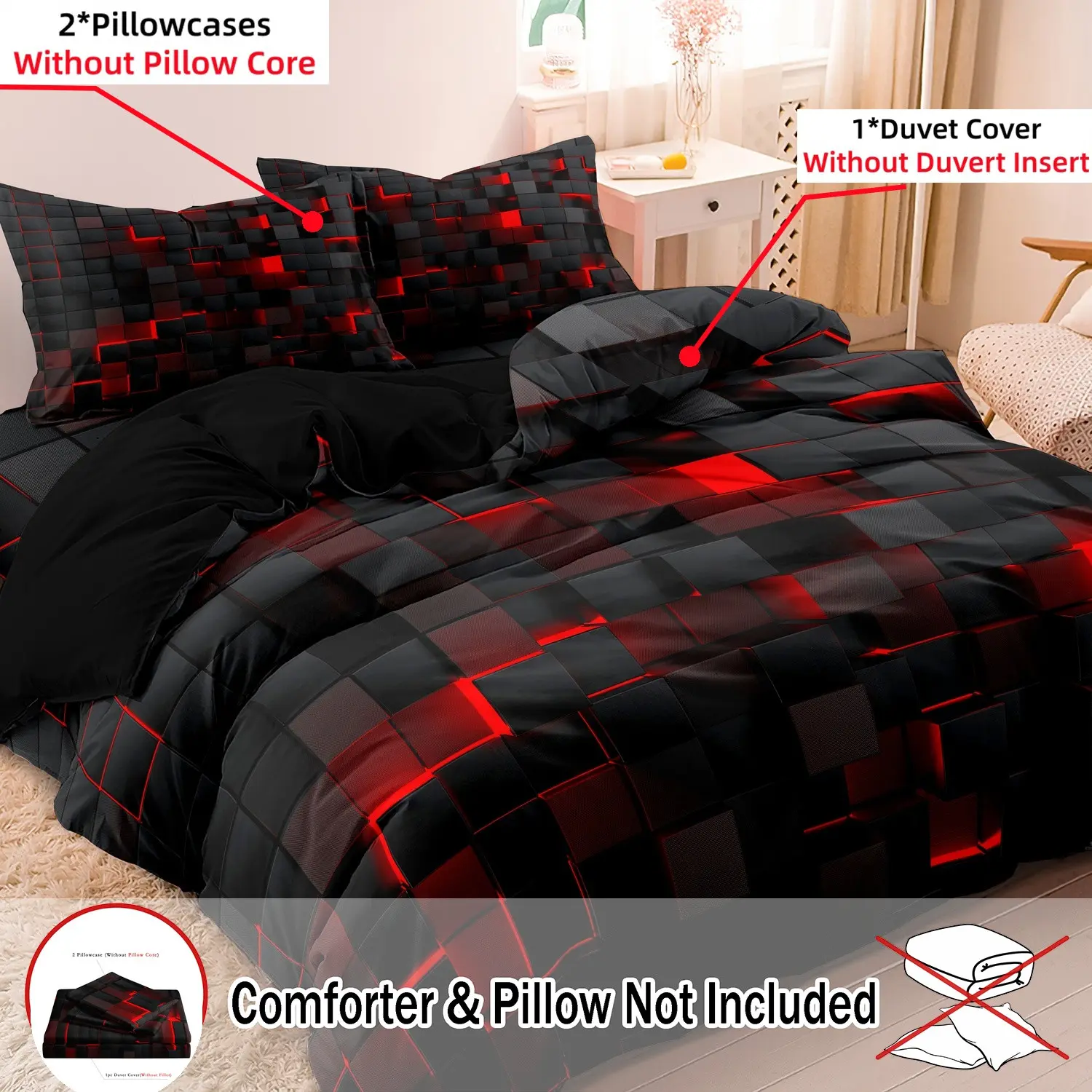 Geometric Print Decorative Duvet Cover Set, 3-Piece Set Including 1 Duvet Cover and 2 Pillowcases without Filler, Soft Comfortable Modern Bedding Set for Home Bedroom and Hotel, Comfy Bedding Sets