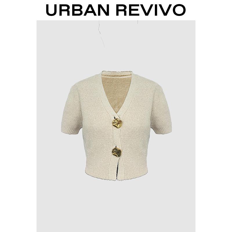 URBAN REVIVO Minimalist V-Neck Short-Sleeve Knit Cardigan Chunky Metal Button Detail Cropped Top URBAN REVIVO Minimalist V-Neck Short-Sleeve Knit Cardigan Chunky Metal Button Detail Cropped Top