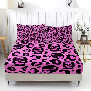 Pink Leopard Frankenstein Monster Horror 3‑Piece Fitted Sheet Set, No Filling Included, All‑Season Breathable Bedding Set, Decor for Horror Themed Family Airbnb, Gothic Boutique Inn, Halloween Vacation Cabin