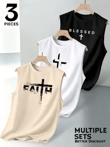 Men's Summer Casual Sleeveless Vest Set, Blessed Letter Print, Fashionable Daily Wear, Ideal for Outdoor Activities, Must-Have Summer Item