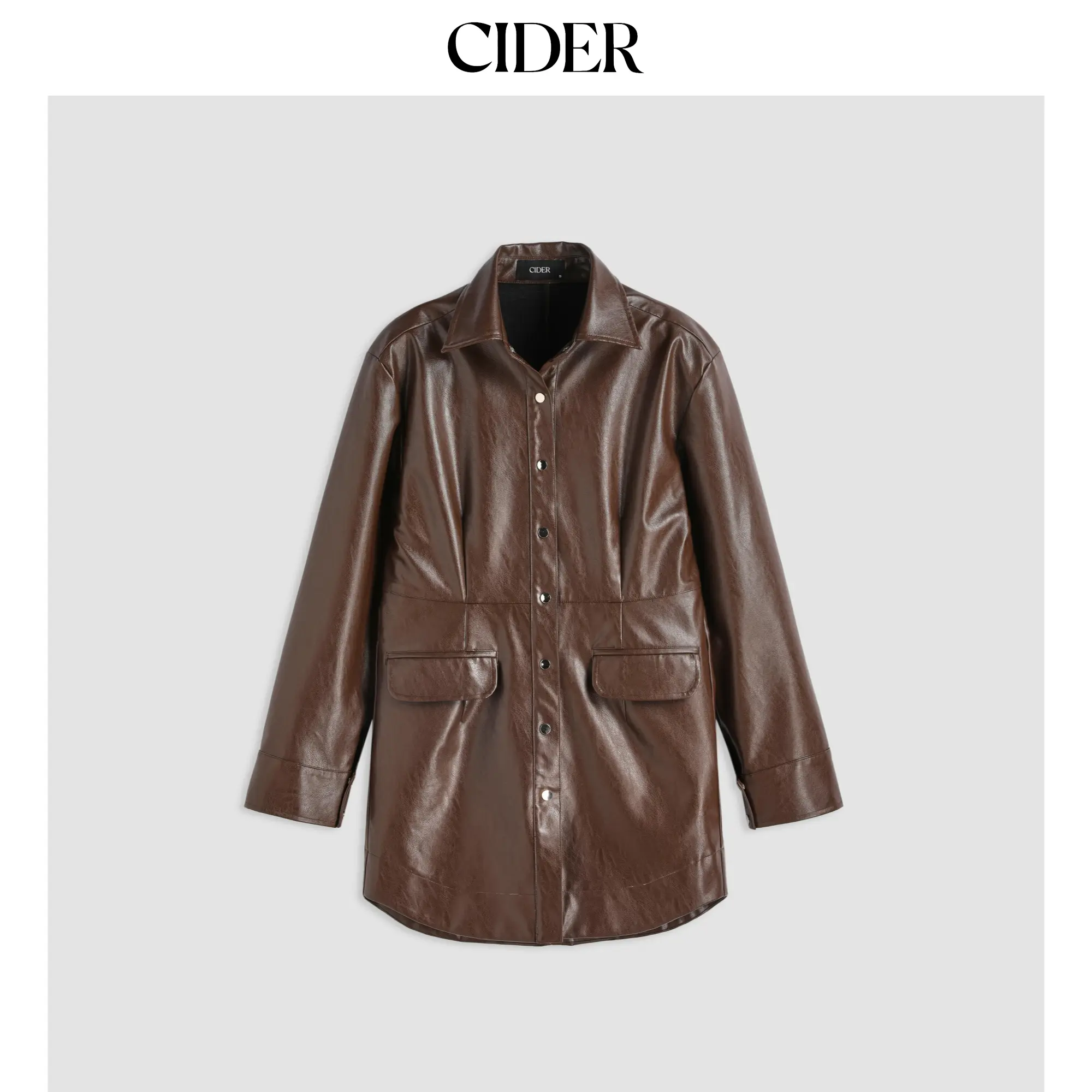 Cider [size 2-10] Faux Leather Collar Solid Pocket Shacket