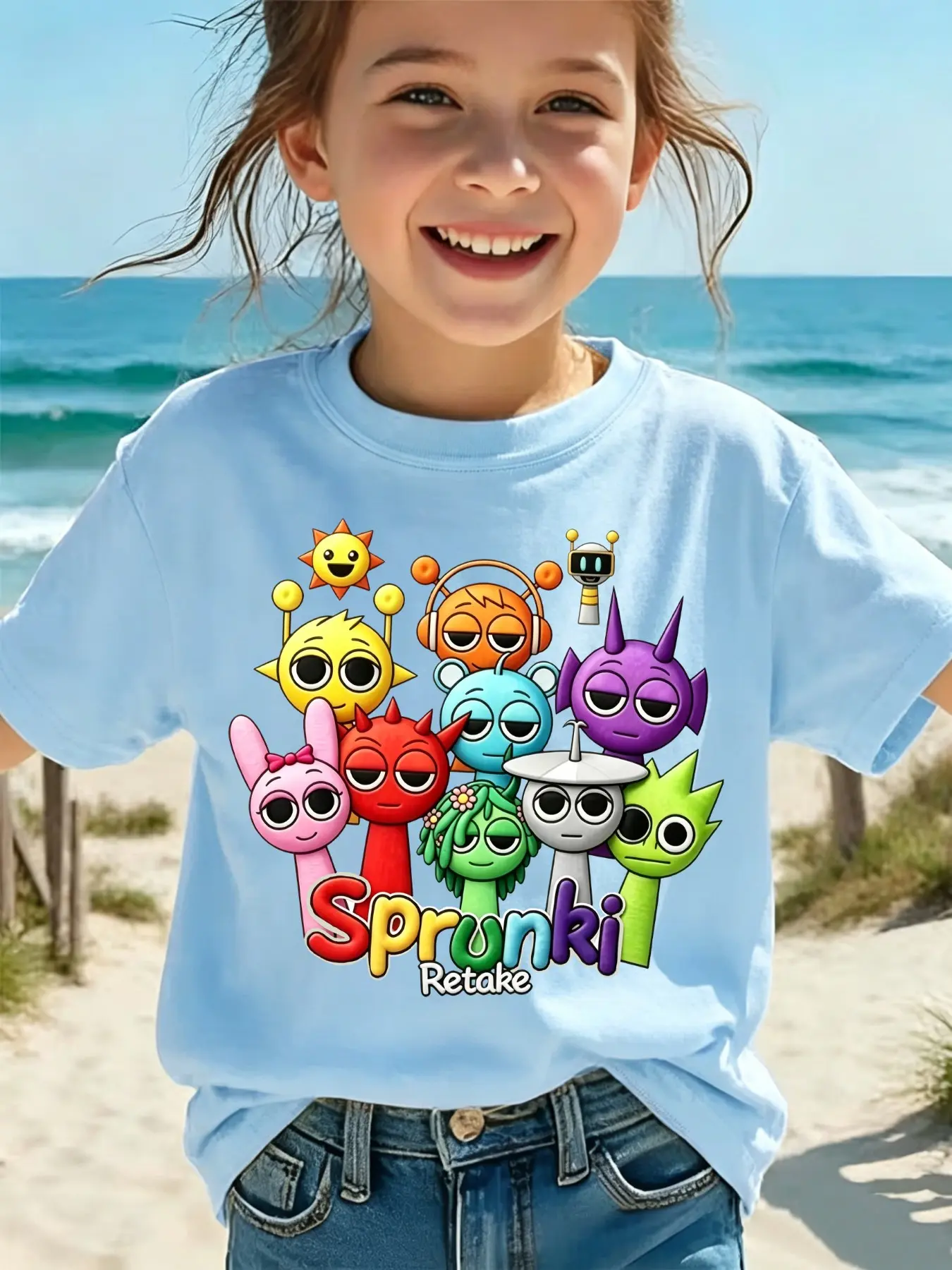 Best Seller Sprunki  Cartoon Print Character Kids Tee, Girls Black Summer Short Sleeve T-Shirt Multi Color Top, Game Kids Birthday Gift Hot Selling#Sprunki Girl Tee #Trending Kids Clothes