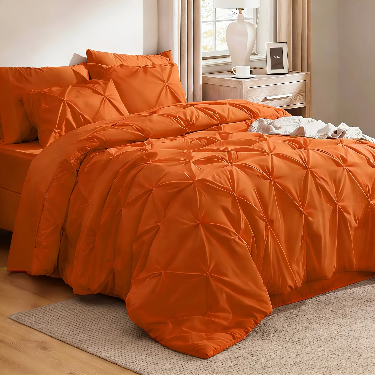5pcs Luxury Comforter Set (Twin/Queen/King)- Soft Breathable Pinch-Pleat Bedding (Comforter + 3 Pillowcases + Throw Pillow), Machine Washable, All-Season, Ideal for Bedroom Decor
