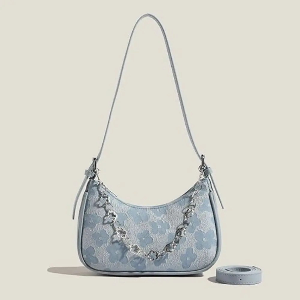 Women's Floral Jacquard Mini Hobo Underarm Bag - PU Strap with Metal Chain, Bow Decor, Everyday Shoulder Bag for Women Daily Dating, Everyday Bag
