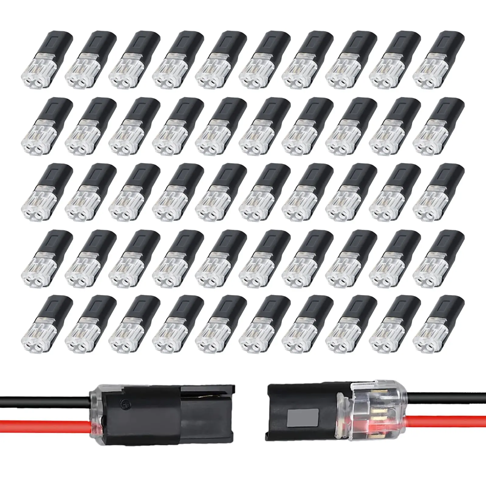 Double Wire Plug in Connector for 18-22 AWG, 2 Pin Led Connector No Wire Stripping Cutting, Low Voltage Wire Connectors with Locking Buckle, Flame Retardant Locking Wire Quick Connectors (50 PCS)
