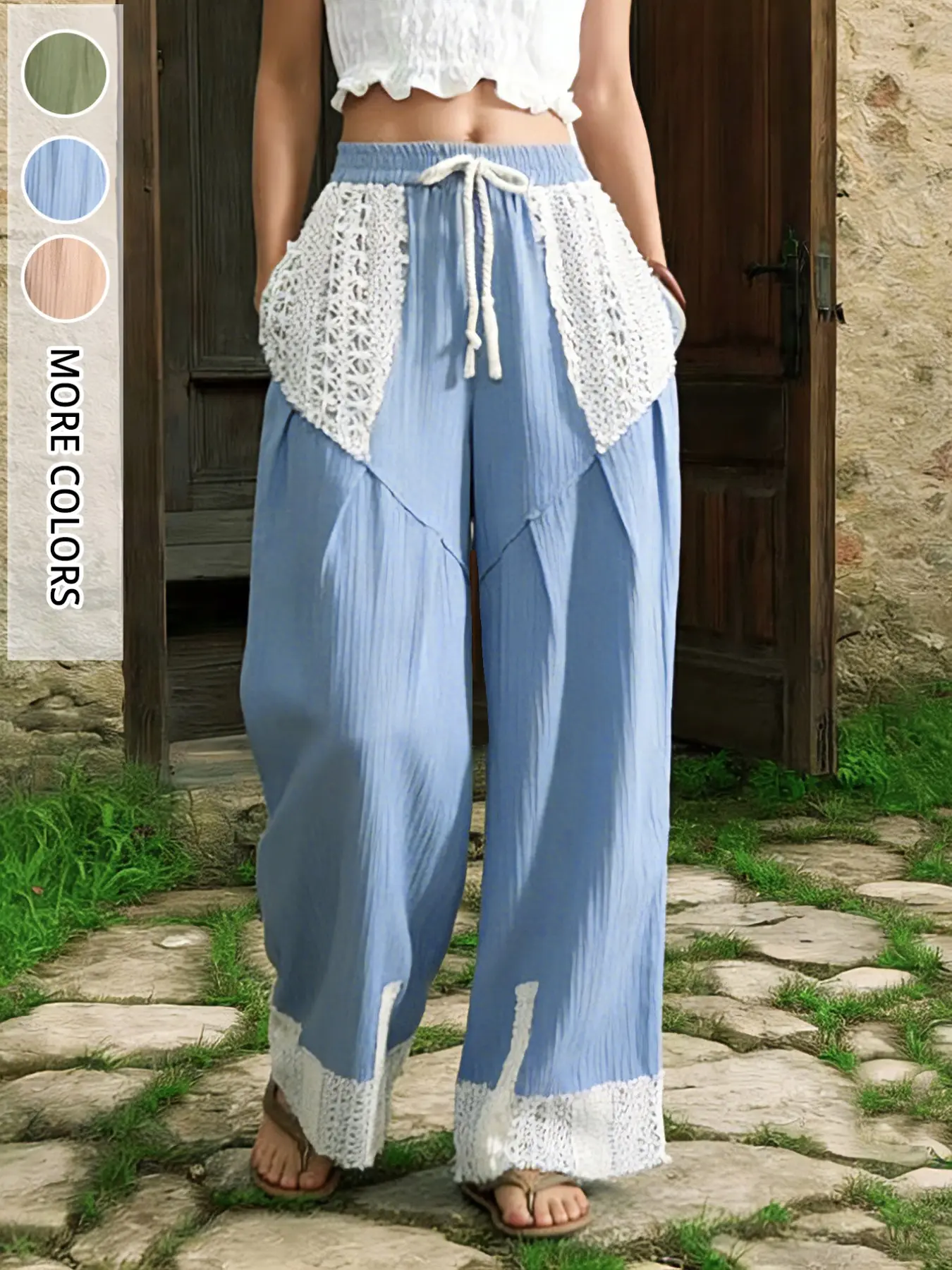 Women's Fashion New Lace Patchwork Solid Color Casual Wide Leg Pants, Stylish Ladies' High Waist Drawstring Adjustable Loose Fit Trousers