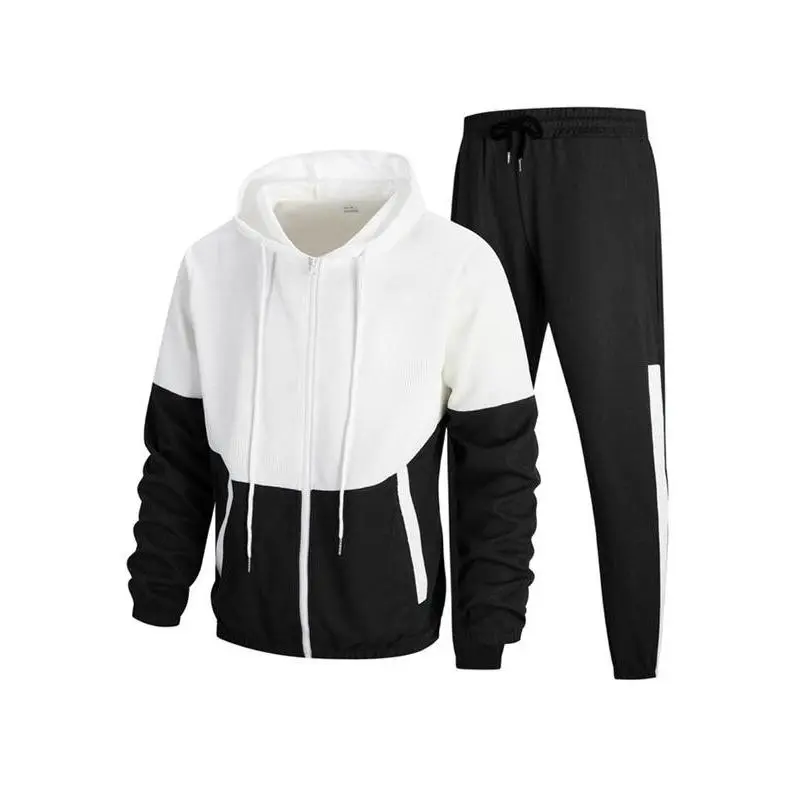 Men's New Spring Autumn Jacket Pants Set, Hooded Zipper Colorblock Design, Comfortable Casual Fashion Outdoor Wear