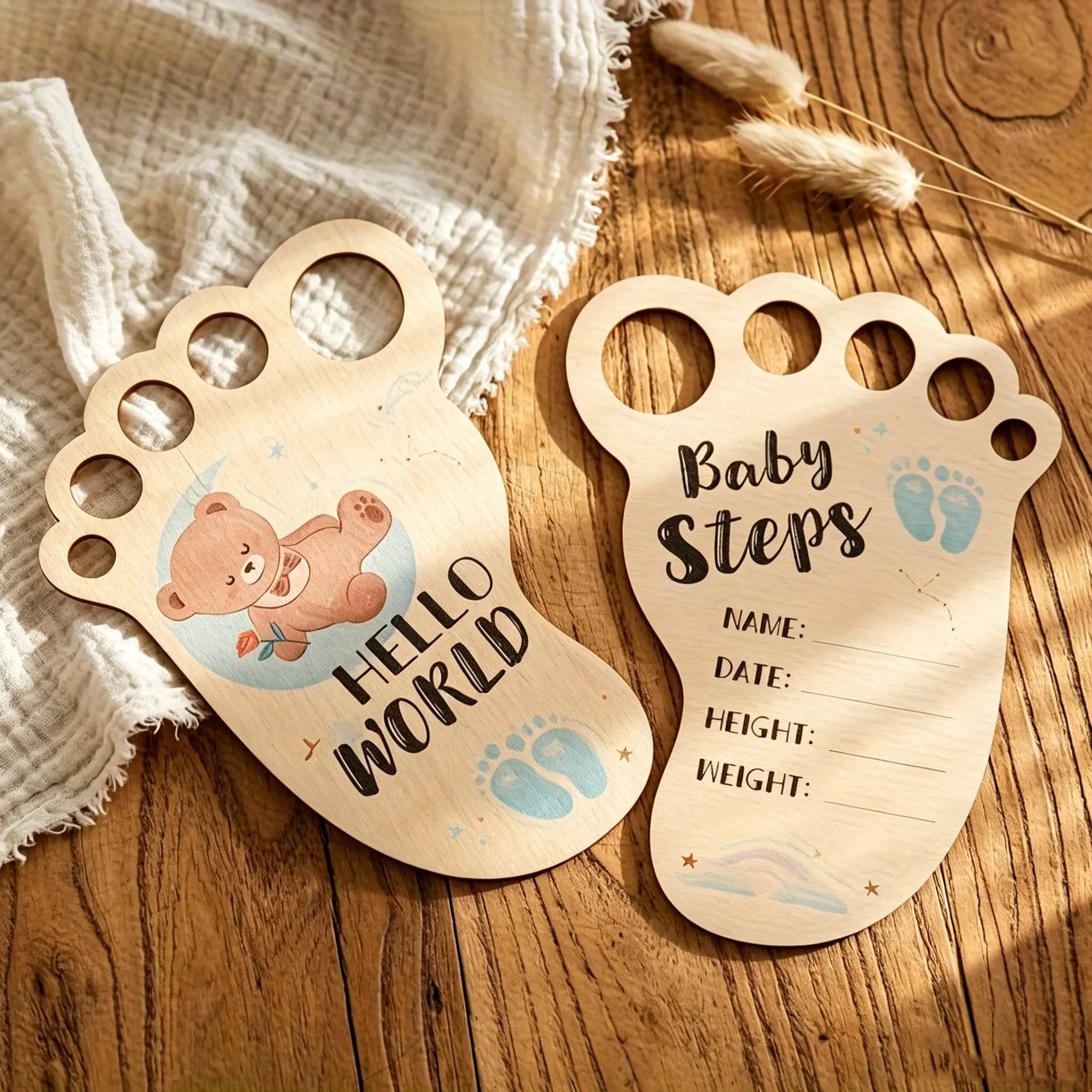 2 wooden commemorative plaques with loving foot shapes, engraved with the heartwarming slogan "HELLO WORLD", paired with the soft and cute bear pattern engraved with "Baby Steps", recording important moments of growth, home decoration, Decorative Plaque