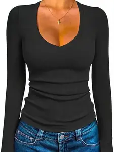 Women's Ribbed V Neck Slim Fitted T Shirts Basic Solid Long Sleeve Layering Tee Tops