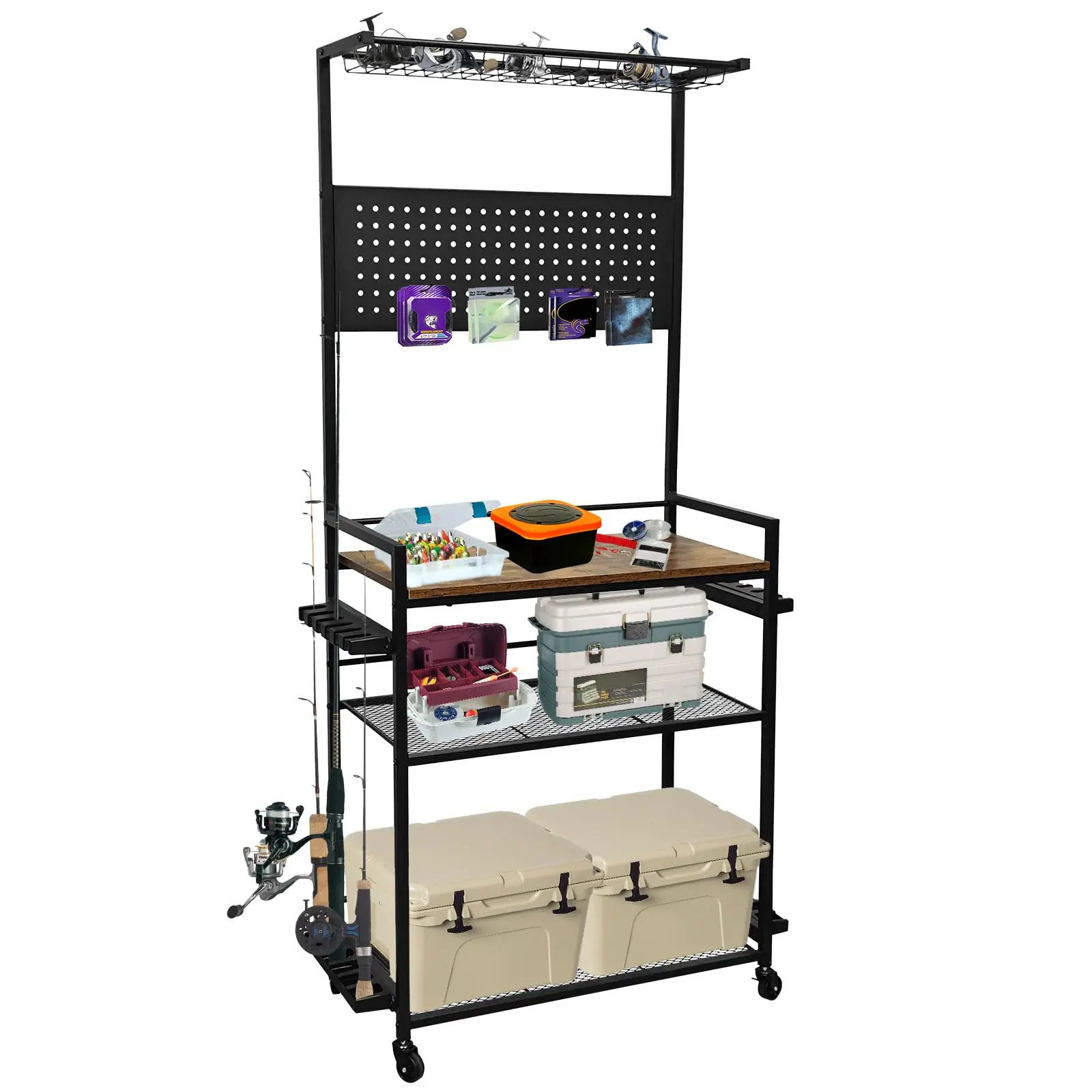 Garvee Heavy-Duty Metal Frame Multi-Tiered Functional Wooden Rack with Pegboard, Wheels - Garage Rod Storage Gift for Fishing Gear, Efficiently Organizes Up to 12 Poles & Accessories