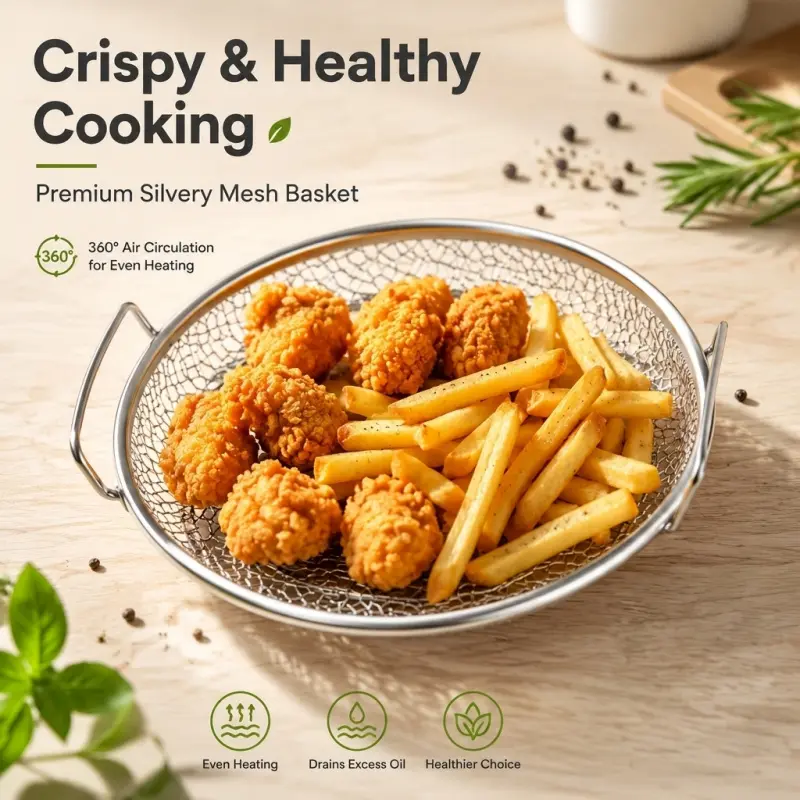 Stainless Steel Mesh Air Fryer Basket With Dual Handles 360 Air Circulation Oil Draining Crispy Healthy Cooking Tray For Oven Roasting Frying