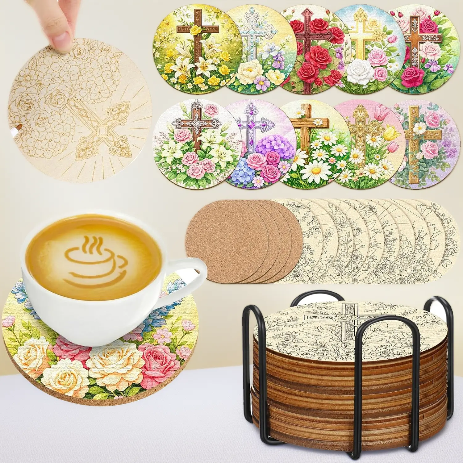 DIY Paint Your Own 4-in Wooden Cross Geometric Wooden Coasters Kit - 45 Pcs with Acrylic Paint Markers, Tableware Arts & Crafts Religious Gift for Adult Crafters