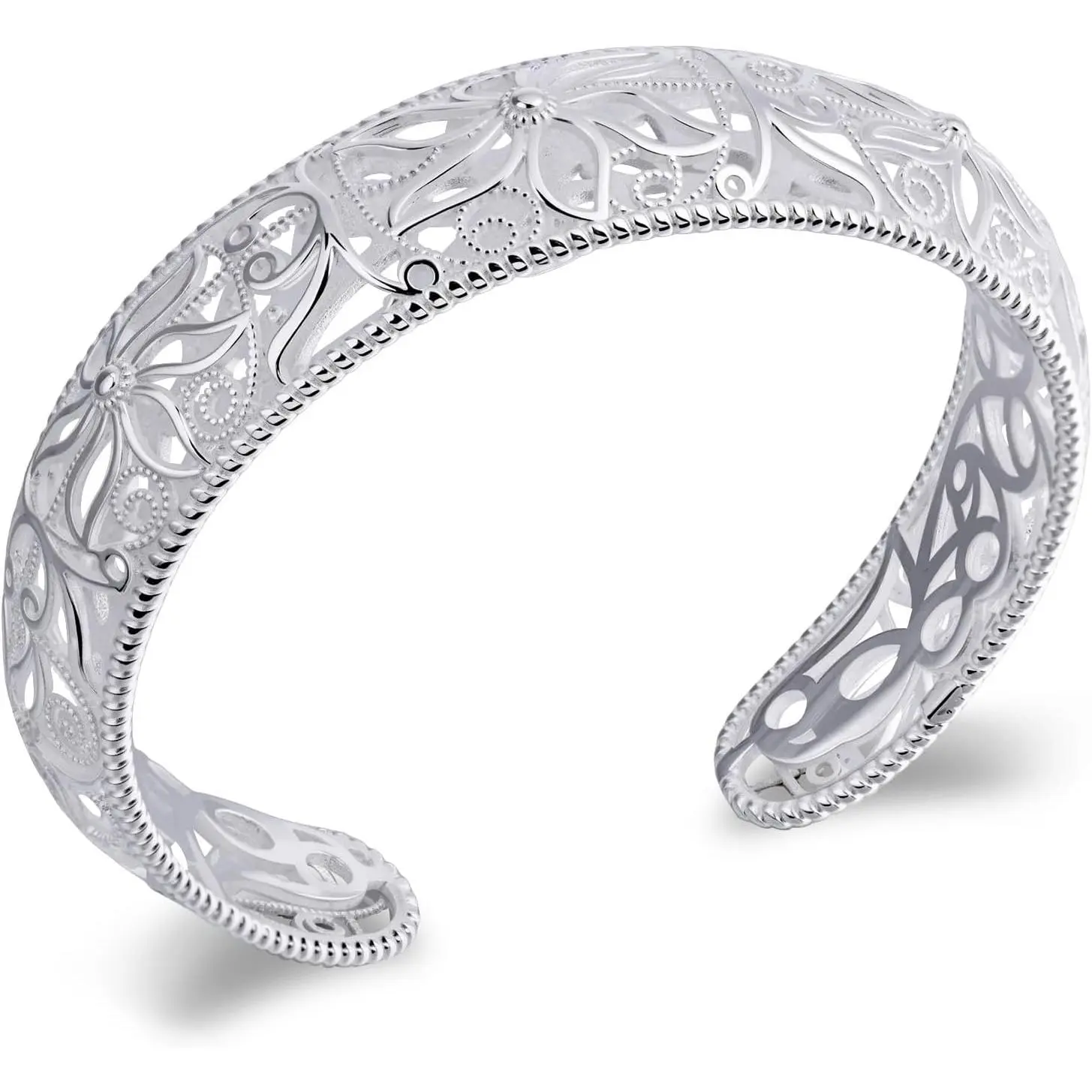 Women's Sterling Silver Open Cuff Wide Bangle - Bohemian Wear, Intricate Filigree Pattern, Cutout Texture Costume Jewelry Bracelet
