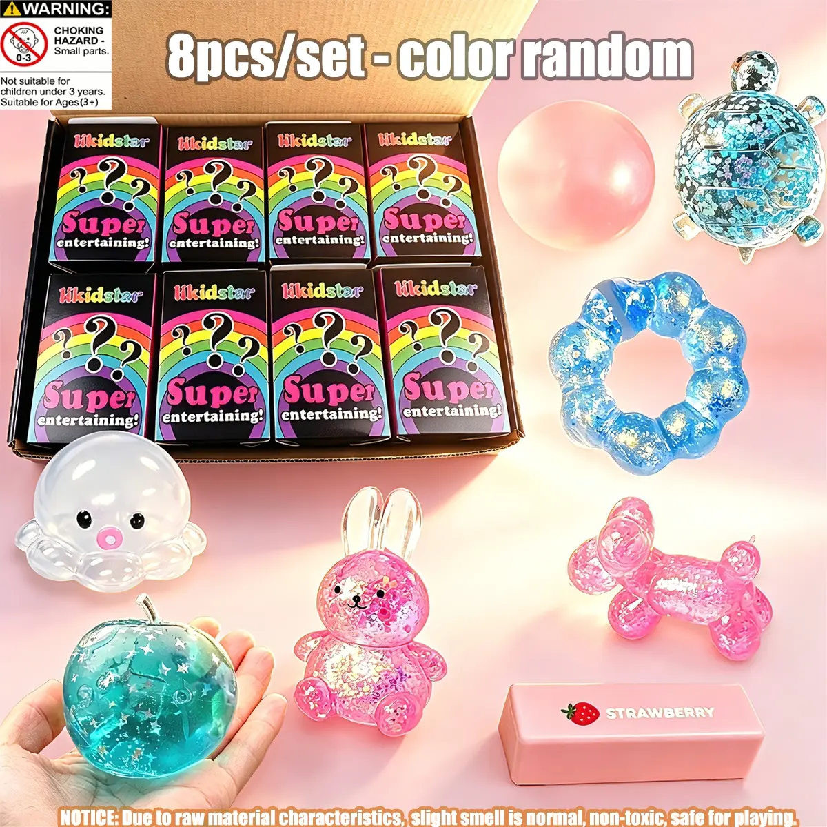 8pcs/set - Stress relieving slow rebound plush toy fun toy set, including ocean apples, rabbits, apples and other squeeze toys, children's party gifts, various styles. Stress relieving children's desk decoration