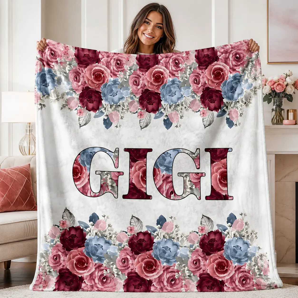 Gigi Floral Flannel Throw Blanket, Soft Cozy Lightweight Blanket for Sofa, Bed, Travel and Home Décor, Perfect for Relaxing and Styling