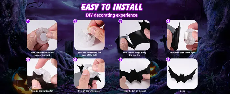 TOODOUR 36 PCS LED Purple Lighted 3D PVC Bat Stickers - 5 Sizes, 4 Shapes, Removable, Waterproof LED Bat Lights for Home Decor, Windows, Doors, Bedroom, Halloween Party