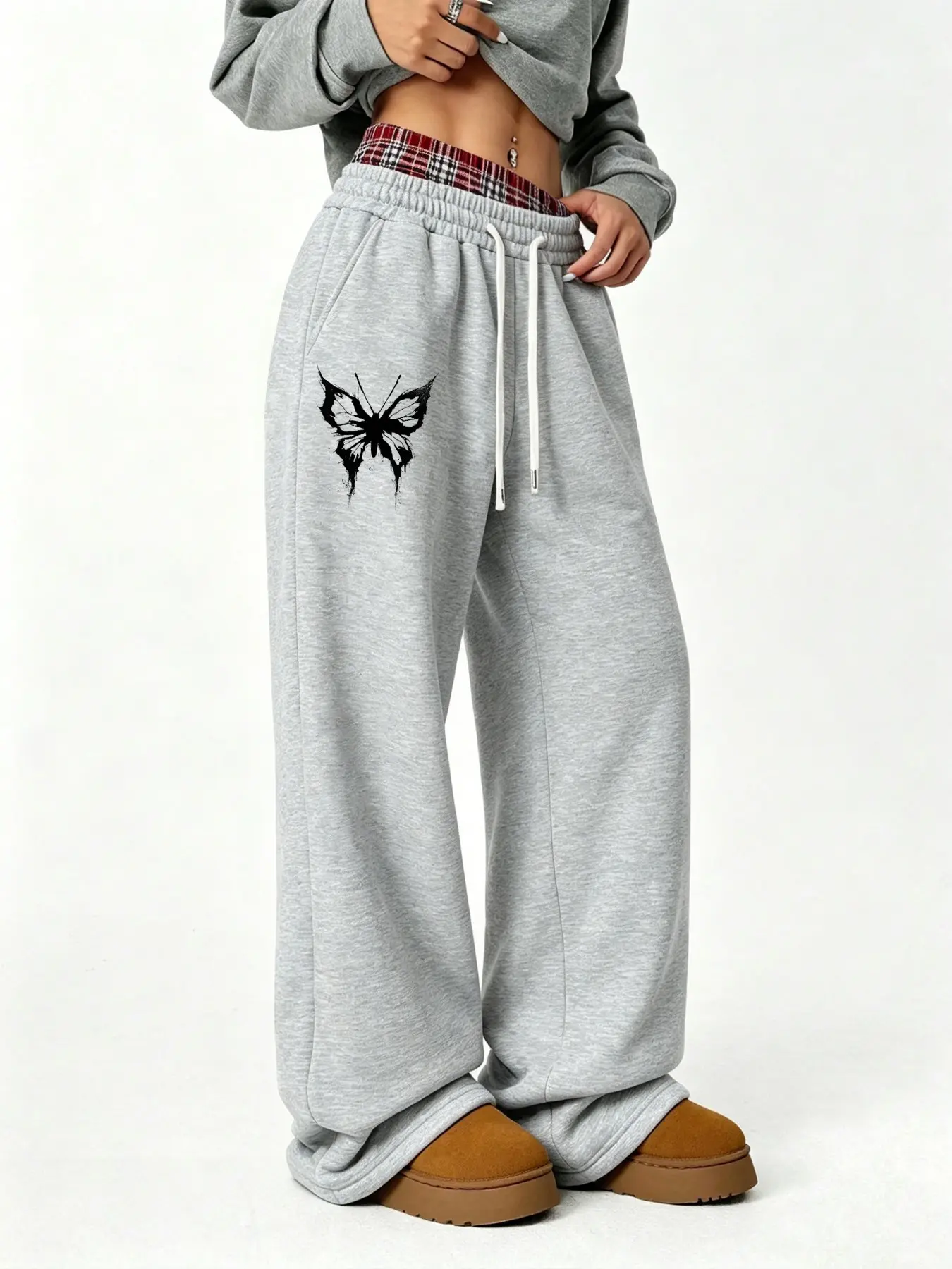 Women's Wide Leg Sweatpants, Butterfly Print, Grid Double Layer Waist Drawstring, Loose Fit, Casual Street Style, with Pockets