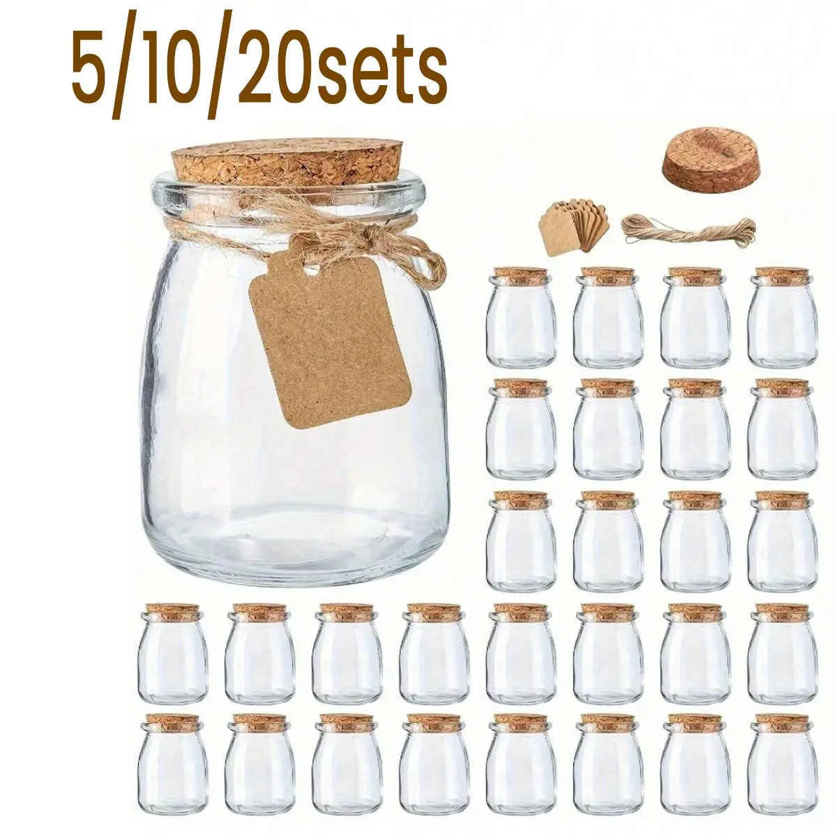5/10/20 Set Glass Jars, Mini Yogurt Jars, 100ML Cork Candy Jars, Covered Pudding Containers, Wedding Gift Glass Jars, Honey Jars with Labels and Ropes