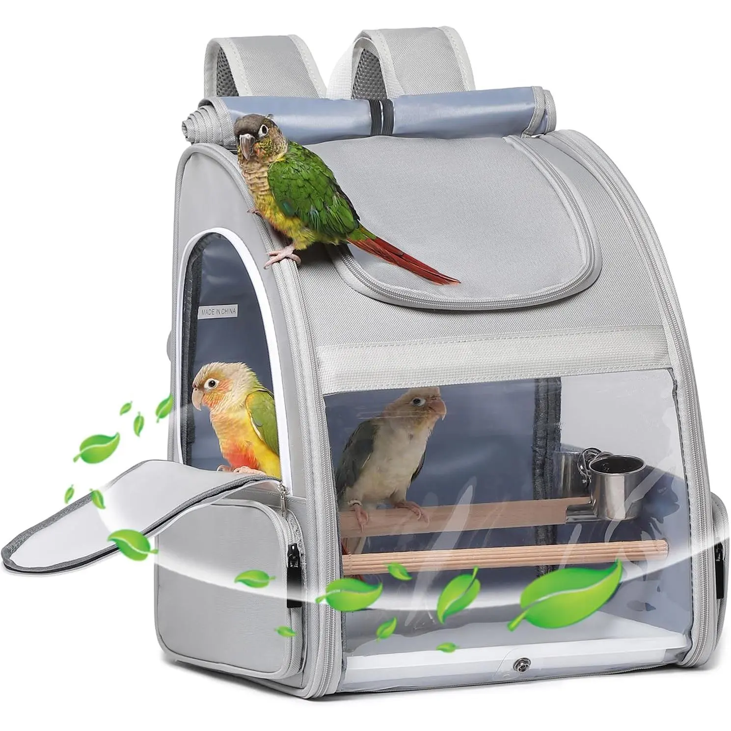 Bird Carrier,Travel Bird Cage,Bird Backpack for Small Birds Parakeet,Canary,Parrot, Finches,Cockatiel.Portable Outdoor Bird Bag with 2 Wooden Perch, Double-Clamp Cup, Detachable Poop Tray (Gray)