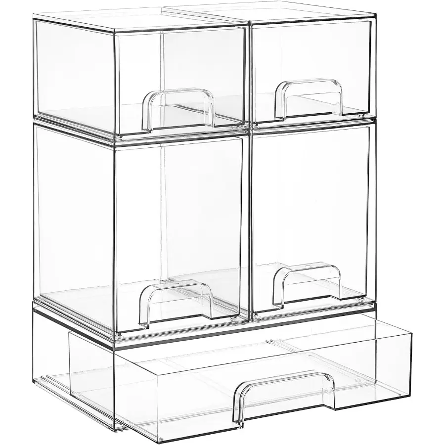 Stackable Storage Drawers Set of 5, Clear Plastic Organizer Bins for Baby Bottle, Beauty Supplies Storage, Ideal for Kichen Countertop, Vanity, Bathroom, Cabinet, Pantry Organization,Home Decor, Household Items, Bathroom Organizer, Room Accessory