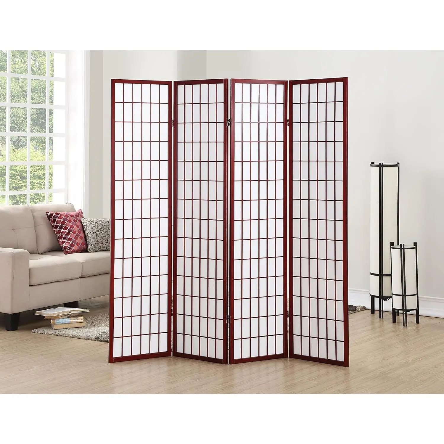 Oriental Shoji 4-Panel Grid Pattern Rectangular Room Divider - Cherry, Single Unit, Ideal for Room Decor, House Decor
