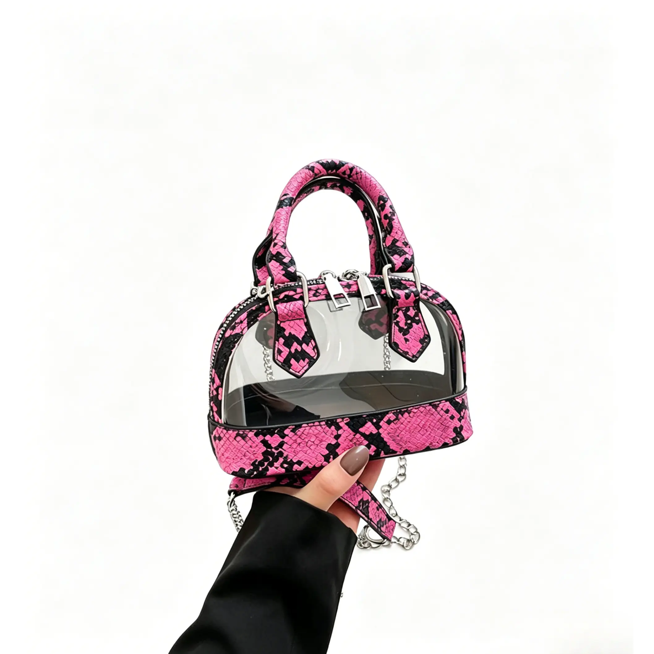 for Women Snake Print Clear Shell Handbag |   Chain Top Handle Everyday Work bowl  snap lock bag