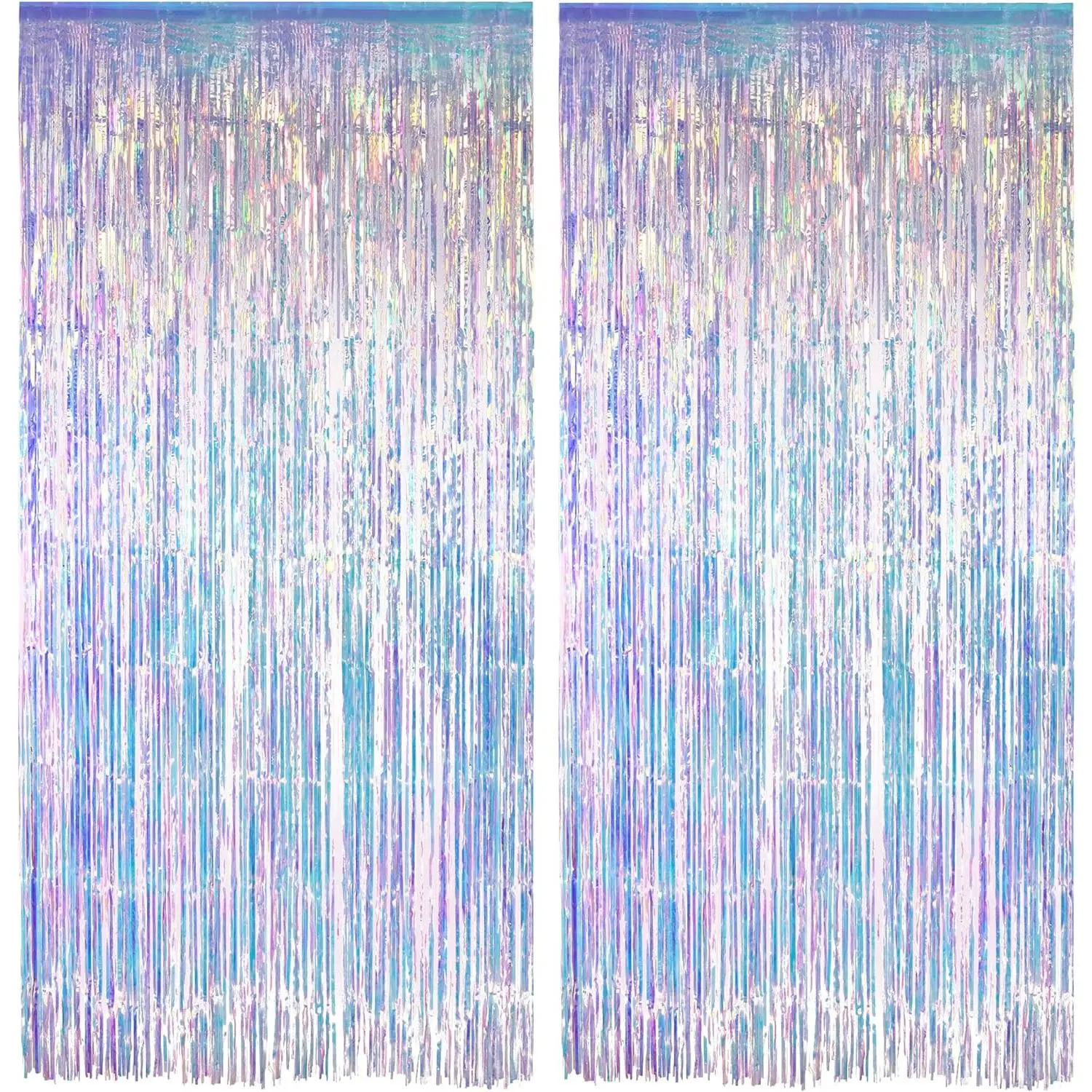 Iridescent Party Streamers Backdrop - Neon Transparent Holographic Tinsel Foil Fringe Curtain for Mermaid/Frozen/Sea/Euphoria/ERAS Party Theme Decorations, 3.2ft x 6.5ft, 2 Pack