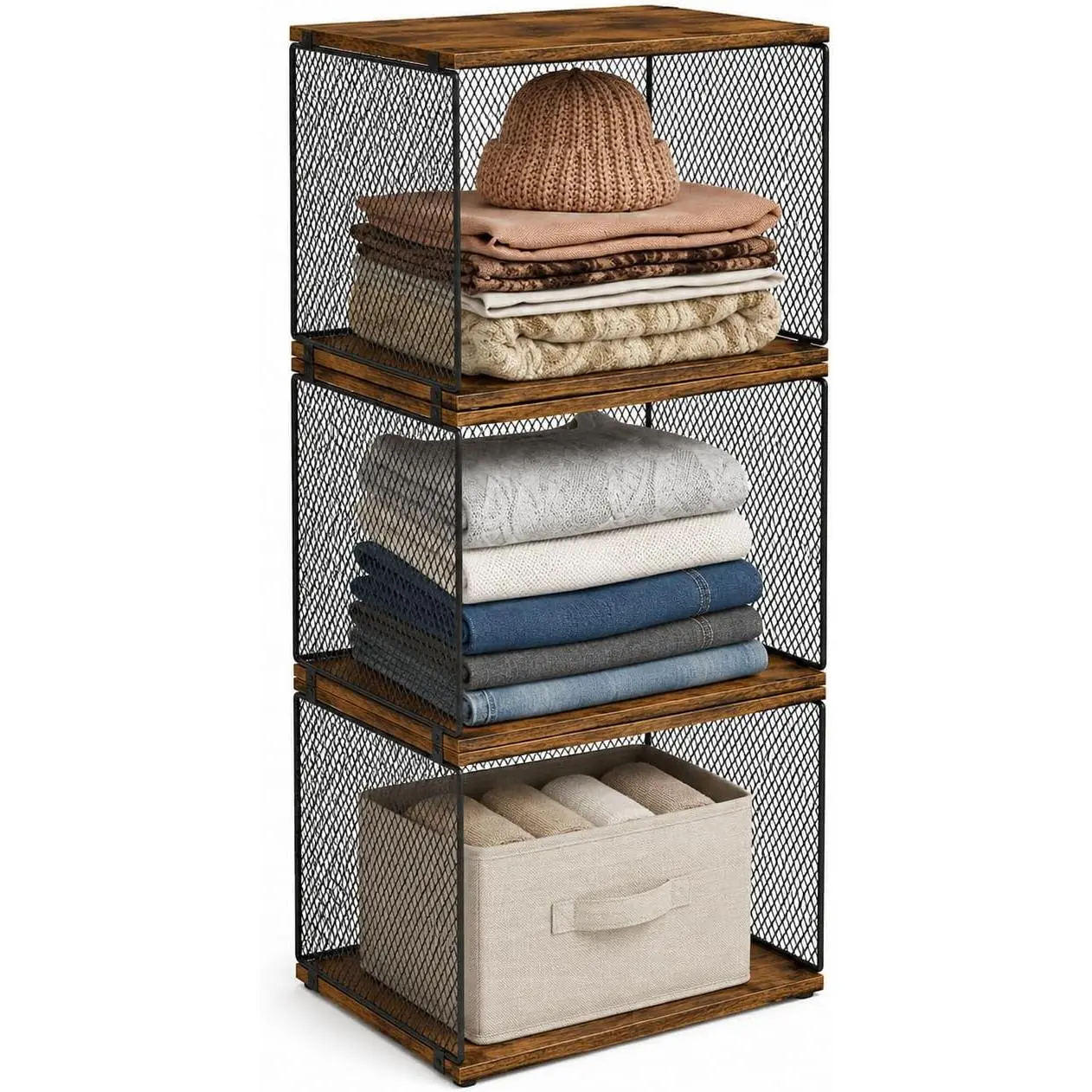 3-Pack Stackable Wire Closet Organizers with  Tops | Heavy-duty modular storage shelves for closets bedrooms and laundry rooms Stack or separate to organize clothes shoes