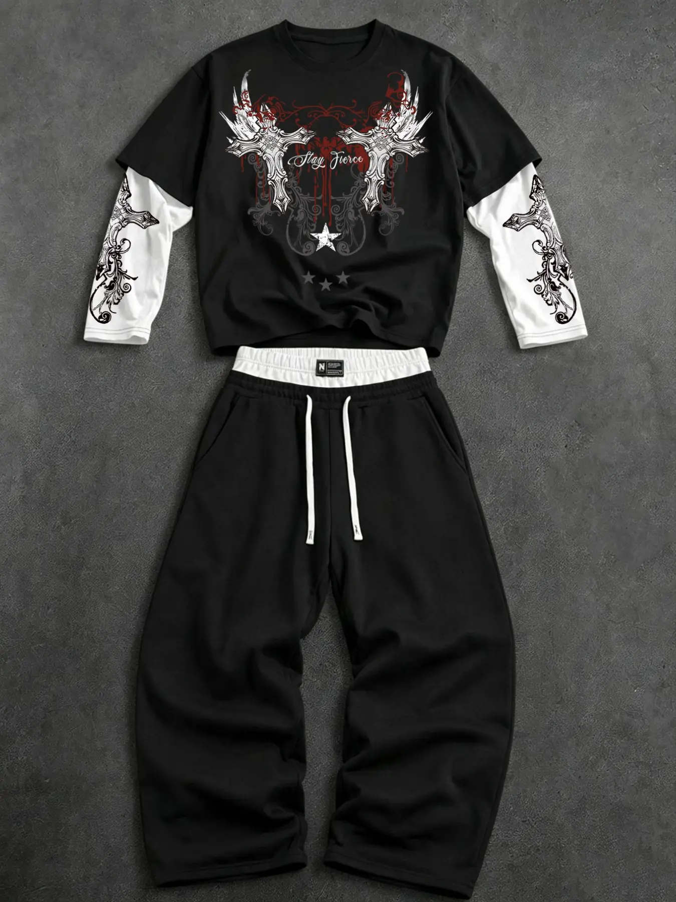 Men's Two‑Piece Set, Black Gothic Print Fake Two‑Piece Long‑Sleeve Outfit, Loose Slim‑Fit Street‑Style Two‑Piece Suit, Casual Trousers for Street Dance, Skateboarding and Commuting, Trendy Wear