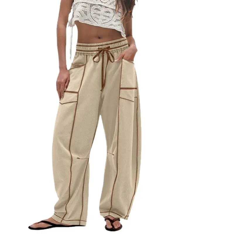 Women’s Wide Leg Cargo Sweatpants with Pockets, High Waist Drawstring Lounge Pants, Contrast Stitch Baggy Casual Pants, Relaxed Loose Fit Palazzo Jogger Pants for Travel, Streetwear, Workouts & Everyday Wear